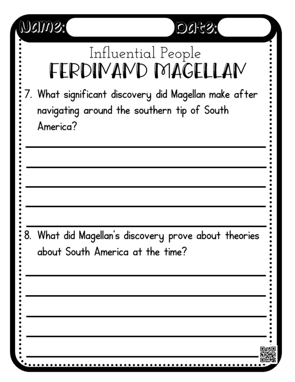 Magellan comprehension questions 7–8 ask about his passage discovery and what it showed about South America