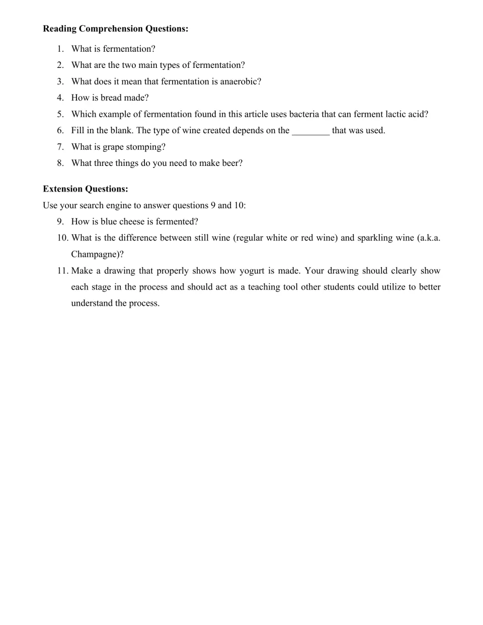 Comprehension questions: students answer 8 article questions, research 2 extension items and draw how yogurt is made