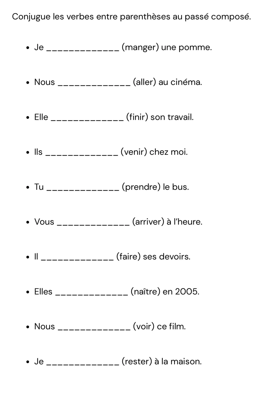 Passé composé conjugation: students write the verb in parentheses, such as manger, aller and naître, in 10 sentences