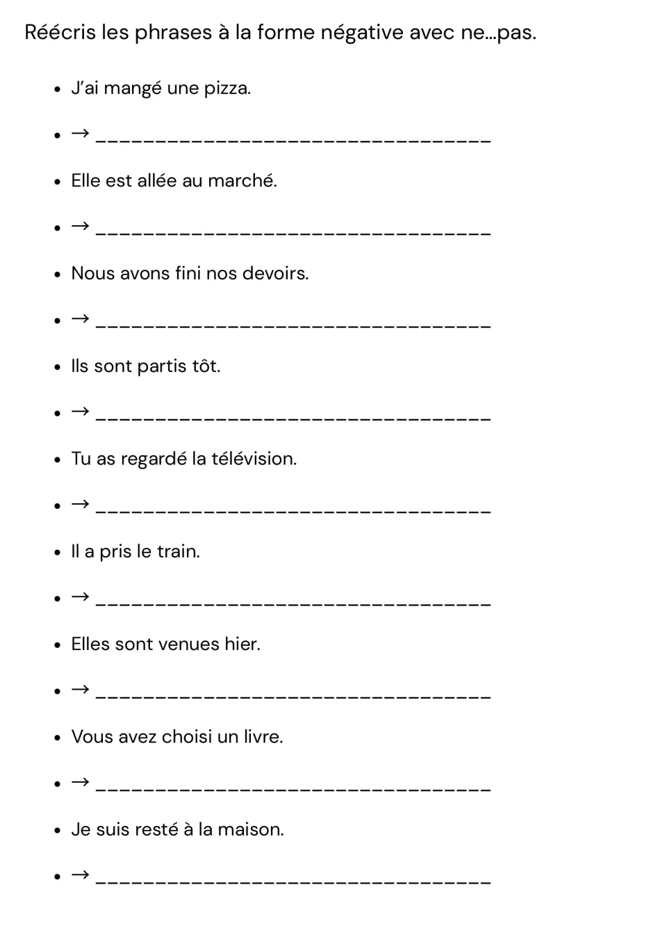 Negation in the passé composé: students rewrite 9 sentences with ne…pas, starting with J'ai mangé une pizza