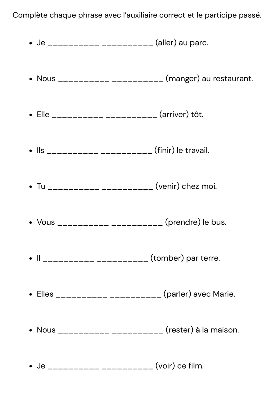 Auxiliary plus past participle: students fill in both words for 10 verbs, from aller and manger to tomber and voir