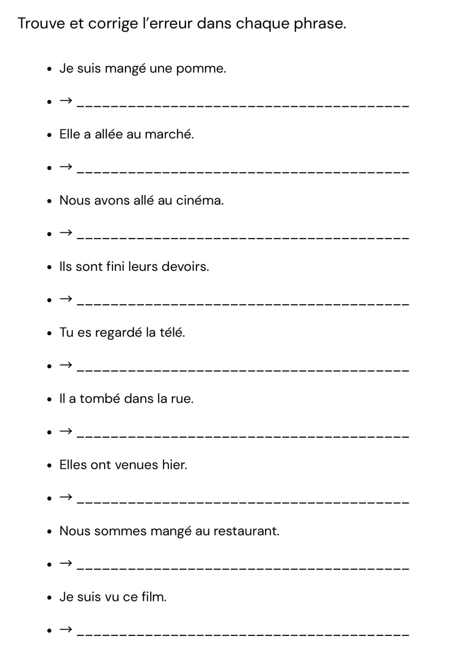 Error correction: students find and fix the auxiliary or agreement mistake in 9 sentences like Je suis mangé une pomme