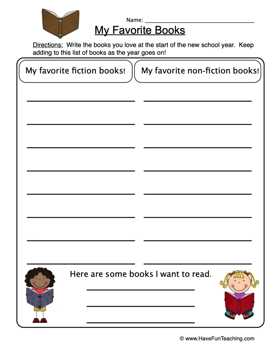 Reading log worksheet for favorite fiction and nonfiction books, plus books students want to read.