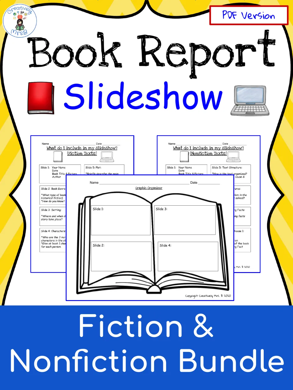 Book Report Slideshow cover for a fiction and nonfiction bundle, previewing slide checklists and a graphic organizer