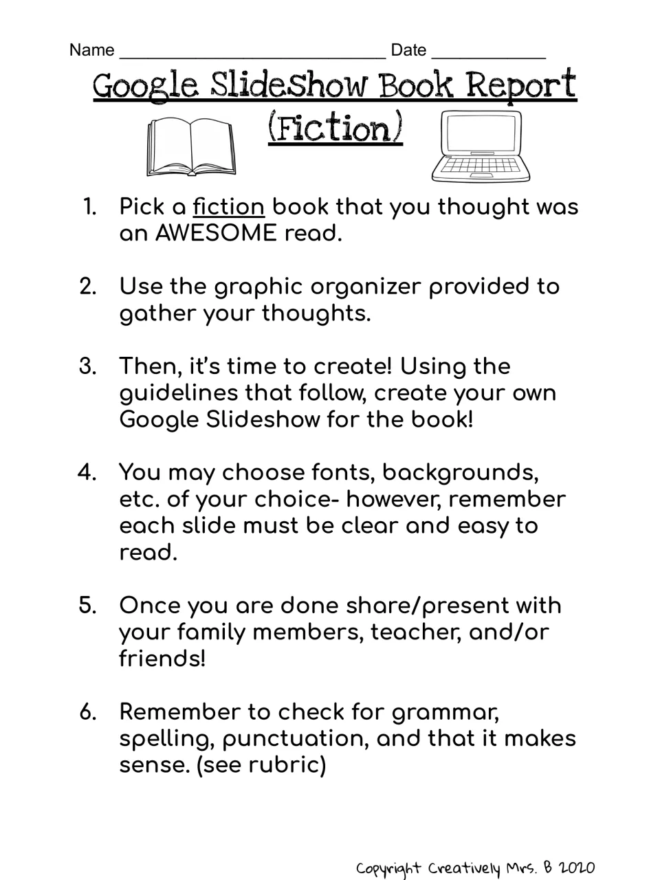 Fiction book report directions: students pick a fiction book, plan in the organizer, build a Google Slideshow to present