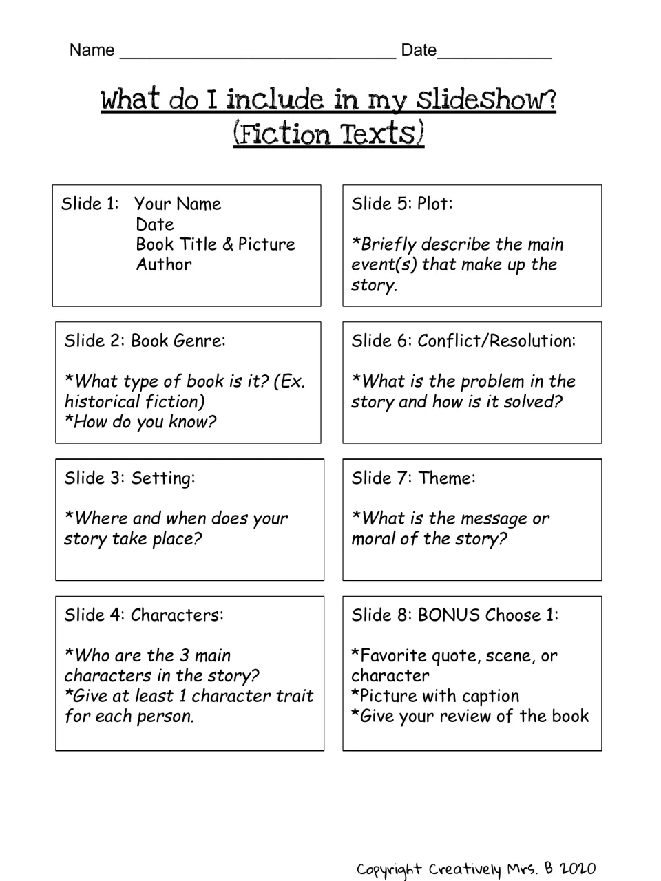 Fiction slide checklist: what to put on 8 slides, from title and genre to setting, characters, plot, conflict and theme