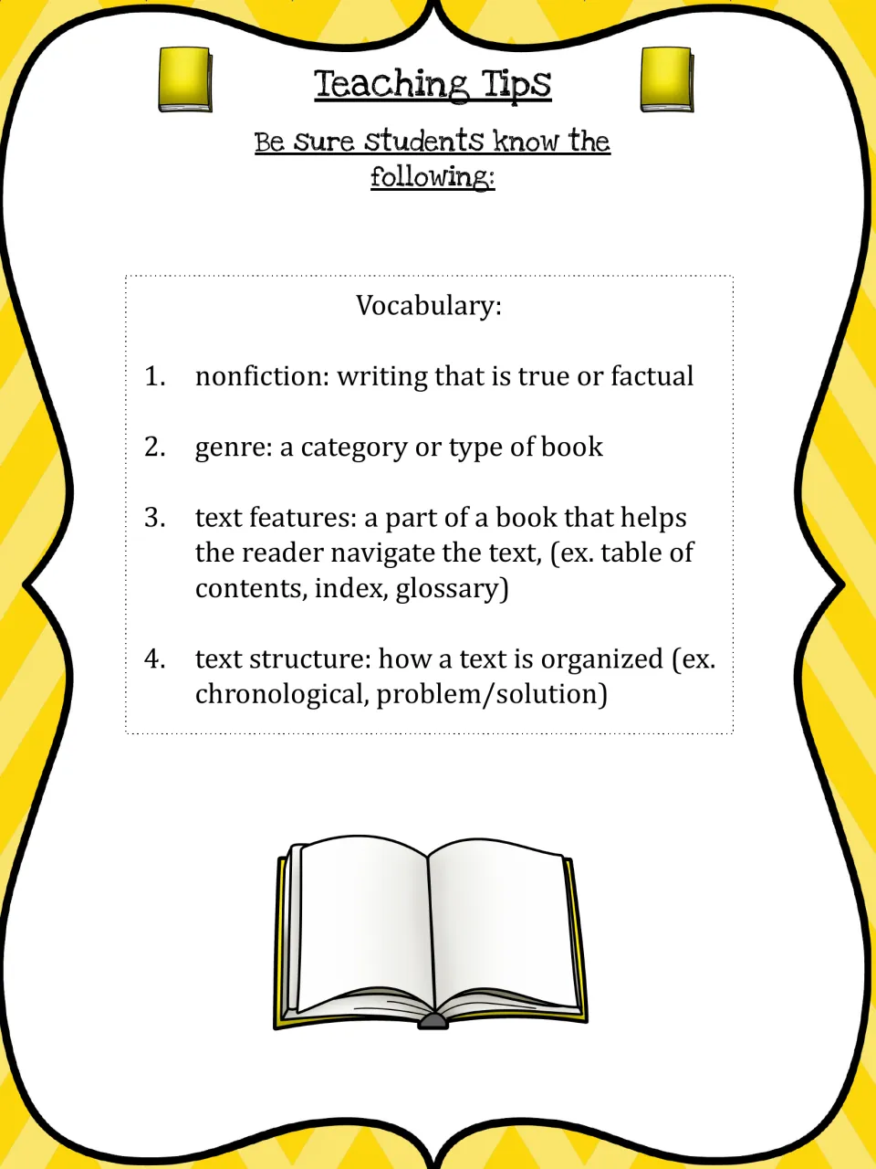 Nonfiction vocabulary tips: definitions of nonfiction, genre, text features and text structure with examples to review