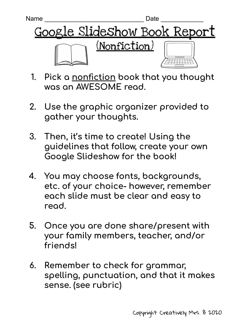 Nonfiction book report directions: students pick a nonfiction book, gather ideas, create a Google Slideshow and share it