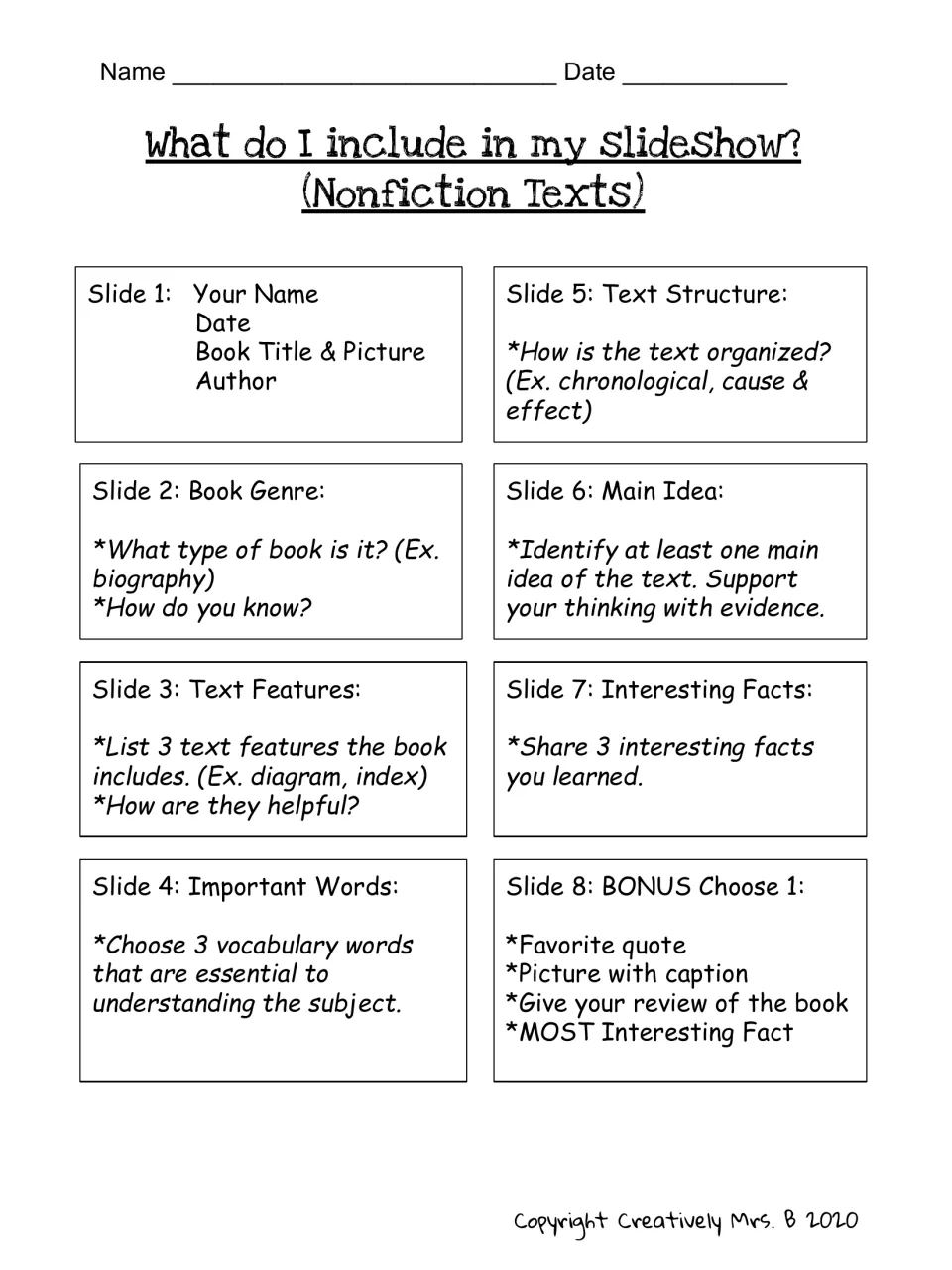 Nonfiction slide checklist: 8 slides covering genre, text features, key words, text structure, main idea and 3 facts