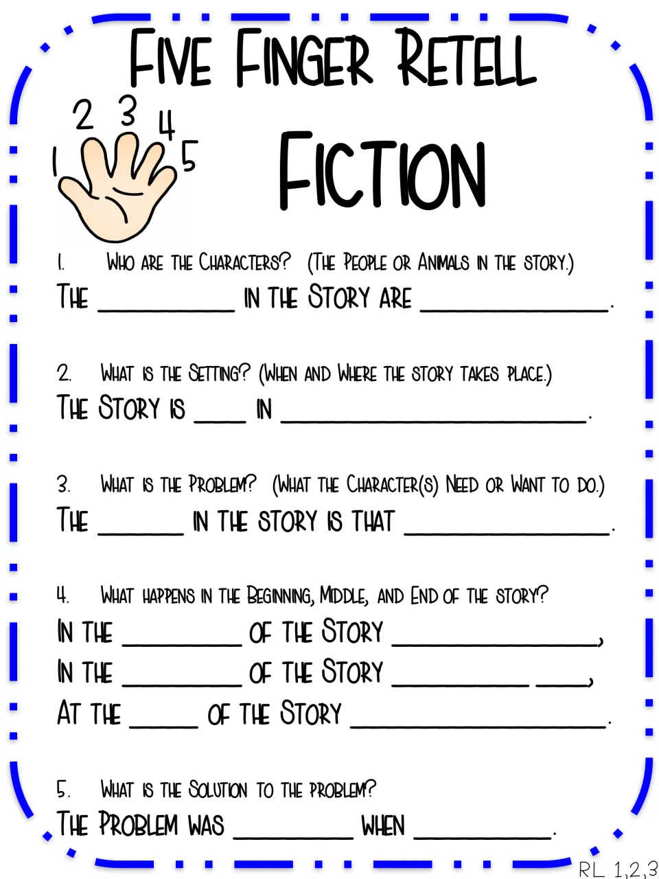 Fiction retell frames with key words blanked out: students supply terms like characters, setting and solution, then retell