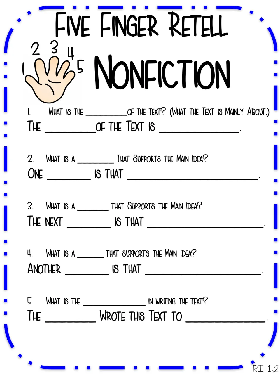 Nonfiction retell frames with key terms blank: students name the main idea, three supporting details and author's purpose