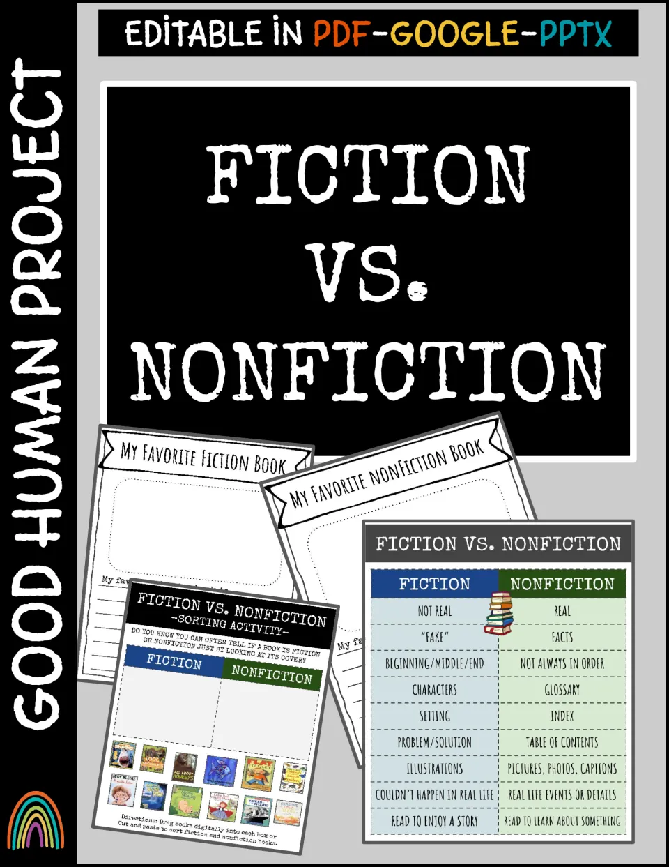 Fiction vs. Nonfiction cover showing a comparison chart, a book-cover sorting activity and two favorite-book pages