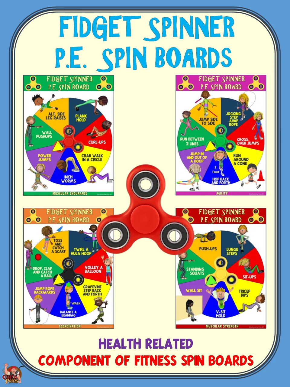Health-related fitness section divider previewing four spin boards, such as muscular endurance and strength