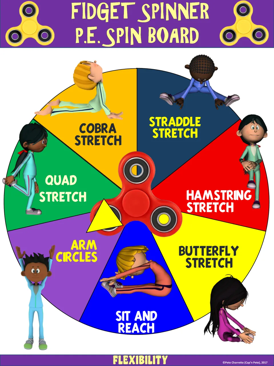 Flexibility spin board: students spin and hold a cobra, straddle, quad, hamstring or butterfly stretch, or sit and reach