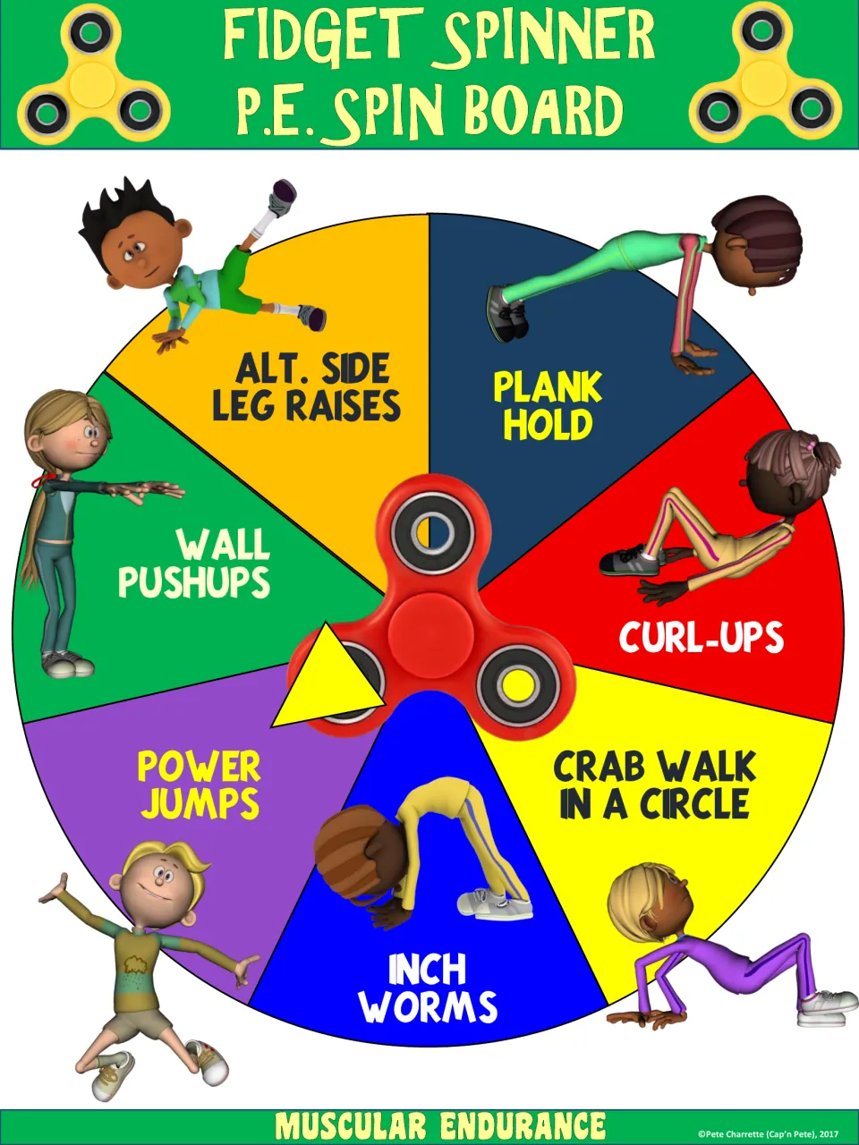 Muscular endurance spin board: plank hold, curl-ups, wall pushups, inch worms, power jumps, crab walk and side leg raises
