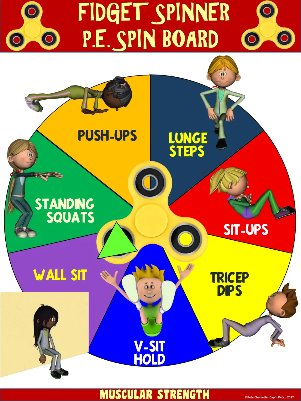 Muscular strength spin board: students spin for push-ups, lunge steps, sit-ups, tricep dips, V-sit, wall sit or squats