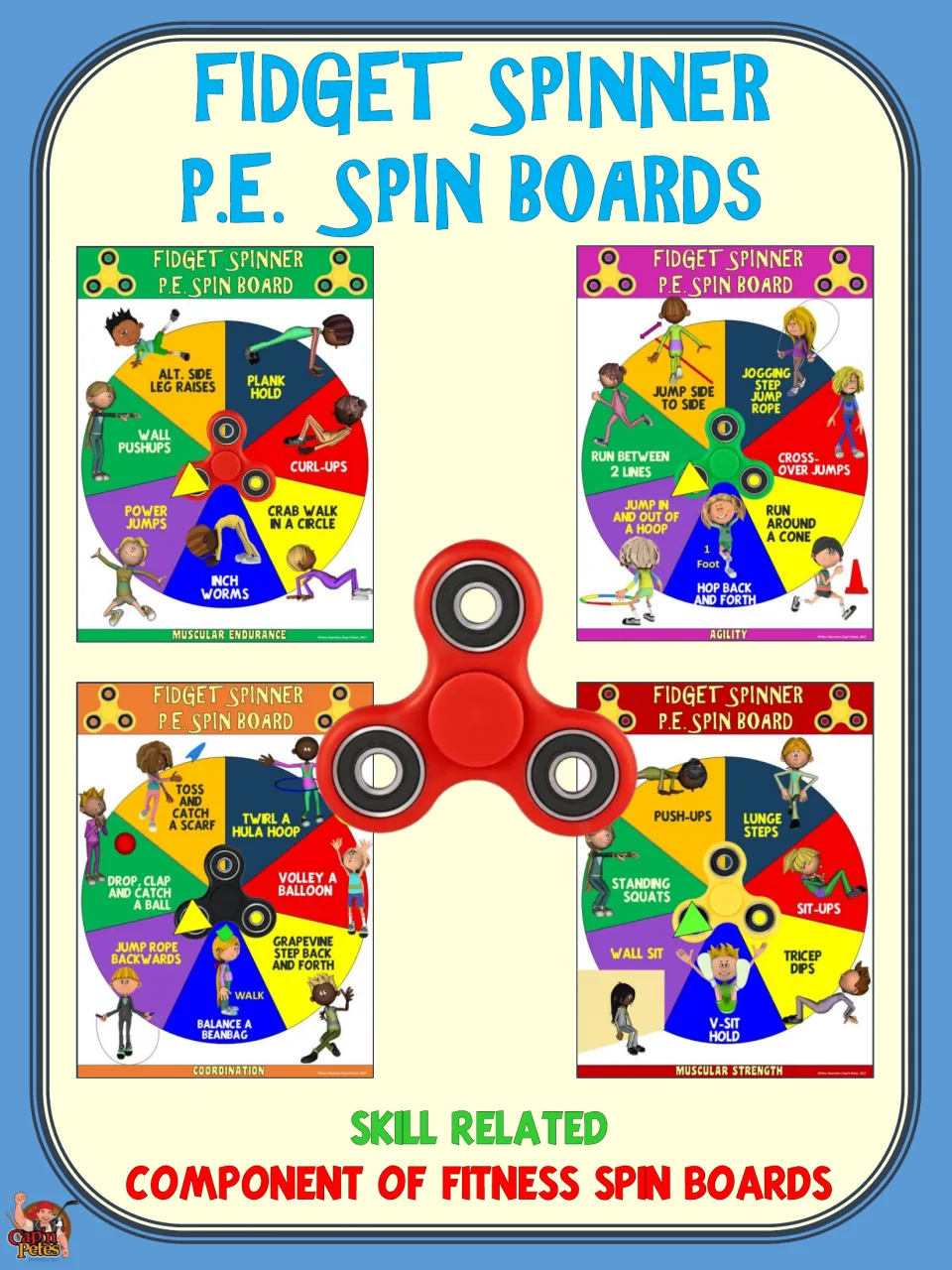 Skill-related fitness section divider previewing four spin boards, such as agility and coordination