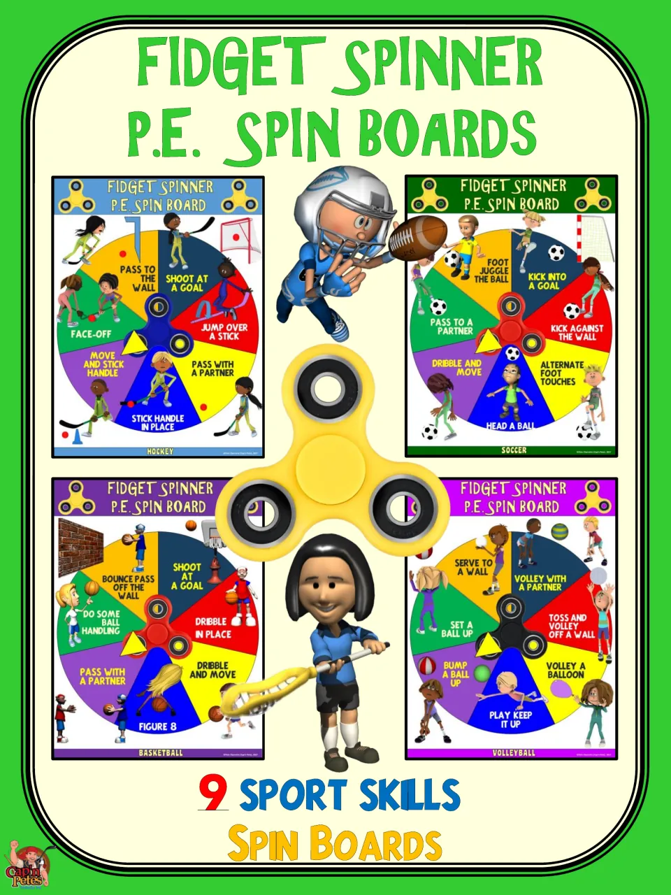 Cover for nine sport skills spin boards, showing hockey, soccer, basketball, and volleyball board examples