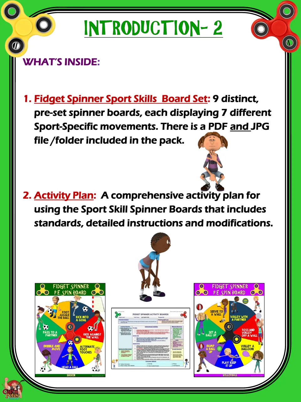 Contents overview listing nine sport skills spinner boards in PDF and JPG formats and an activity plan