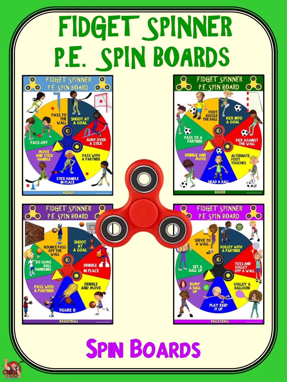 Spin Boards section cover showing hockey, soccer, basketball, and volleyball examples from the nine-board set