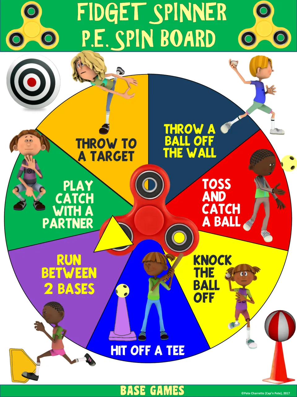 Base games spinner board: throw to a target, toss and catch a ball, hit off a tee, and four more movements