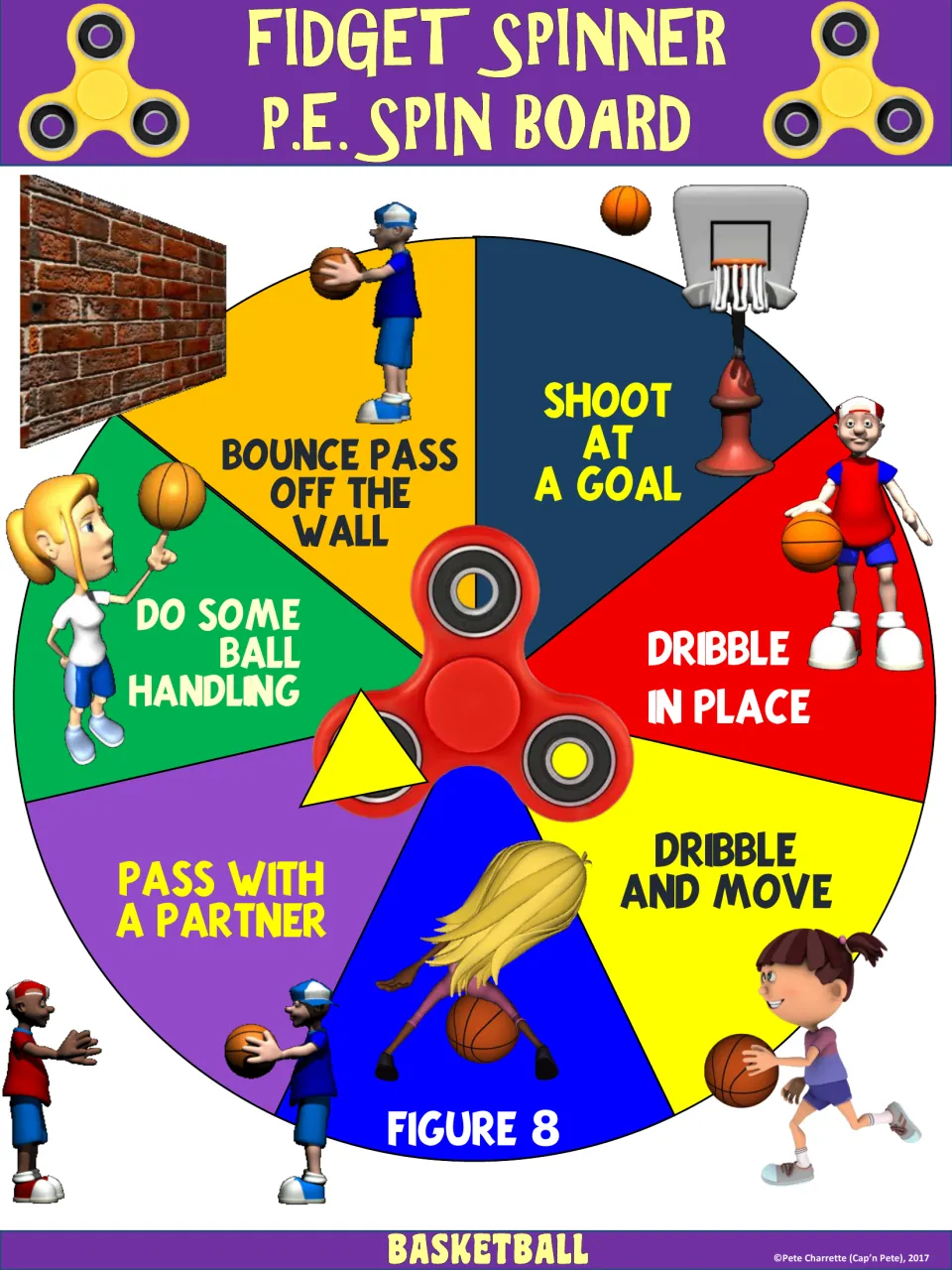 Basketball spinner board: bounce pass off the wall, shoot at a goal, dribble in place, and four more movements