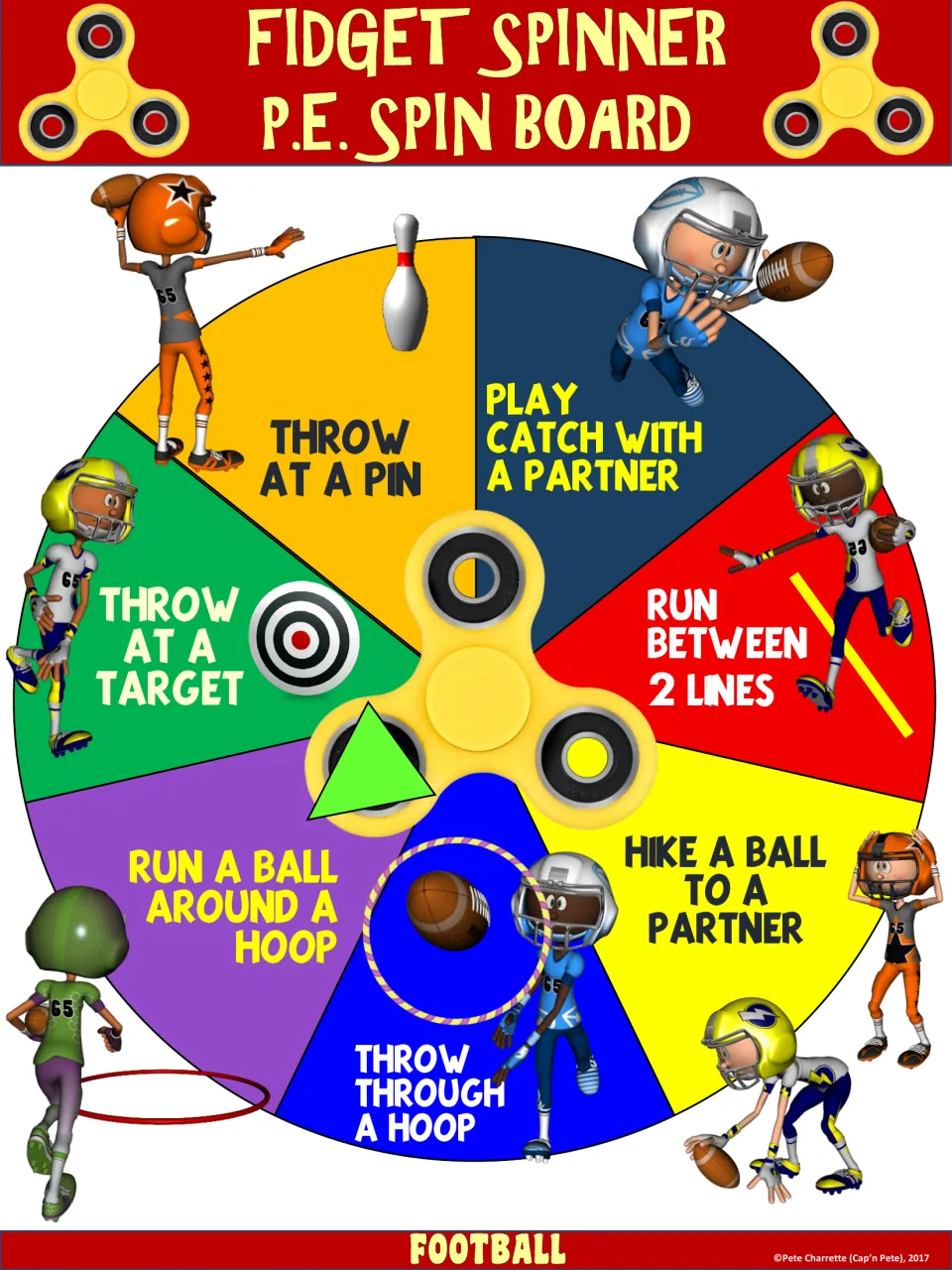 Football spinner board: throw at a pin, play catch with a partner, run between two lines, and four more movements