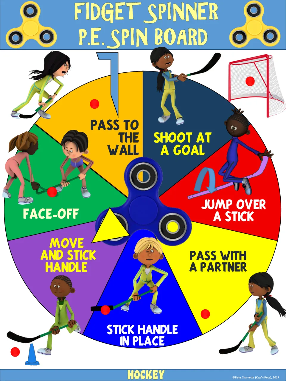 Hockey spinner board: pass to the wall, shoot at a goal, jump over a stick, and four more movements