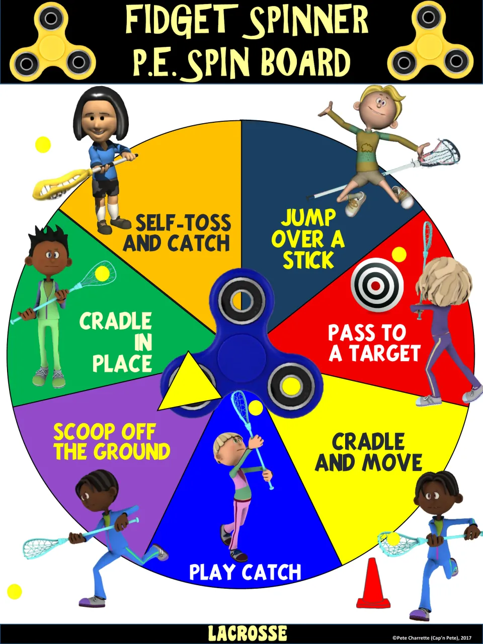 Lacrosse spinner board: self-toss and catch, cradle in place, scoop off the ground, and four more movements