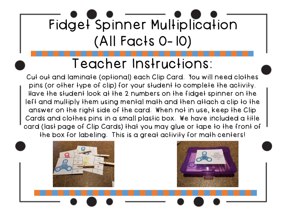 Teacher instructions for clip cards: cut out, laminate and use clothes pins; photos show clipped cards and a storage box