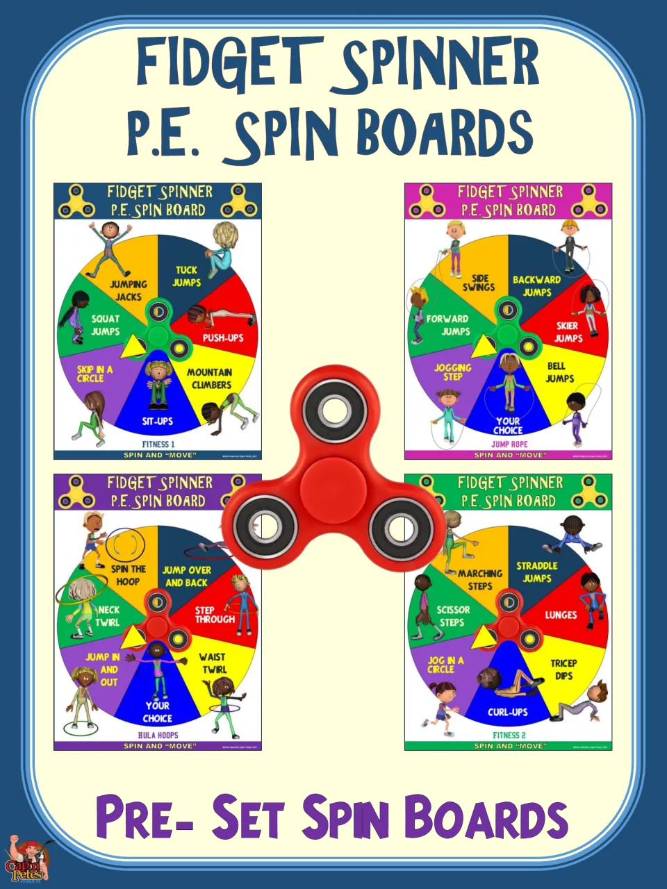 Fidget Spinner P.E. Spin Boards cover showing four pre-set spin boards: Fitness 1, Fitness 2, Jump Rope and Hula Hoops