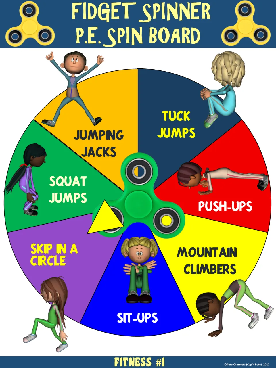 Fitness #1 spin wheel: students spin and do jumping jacks, tuck jumps, push-ups, mountain climbers, sit-ups or squat jumps