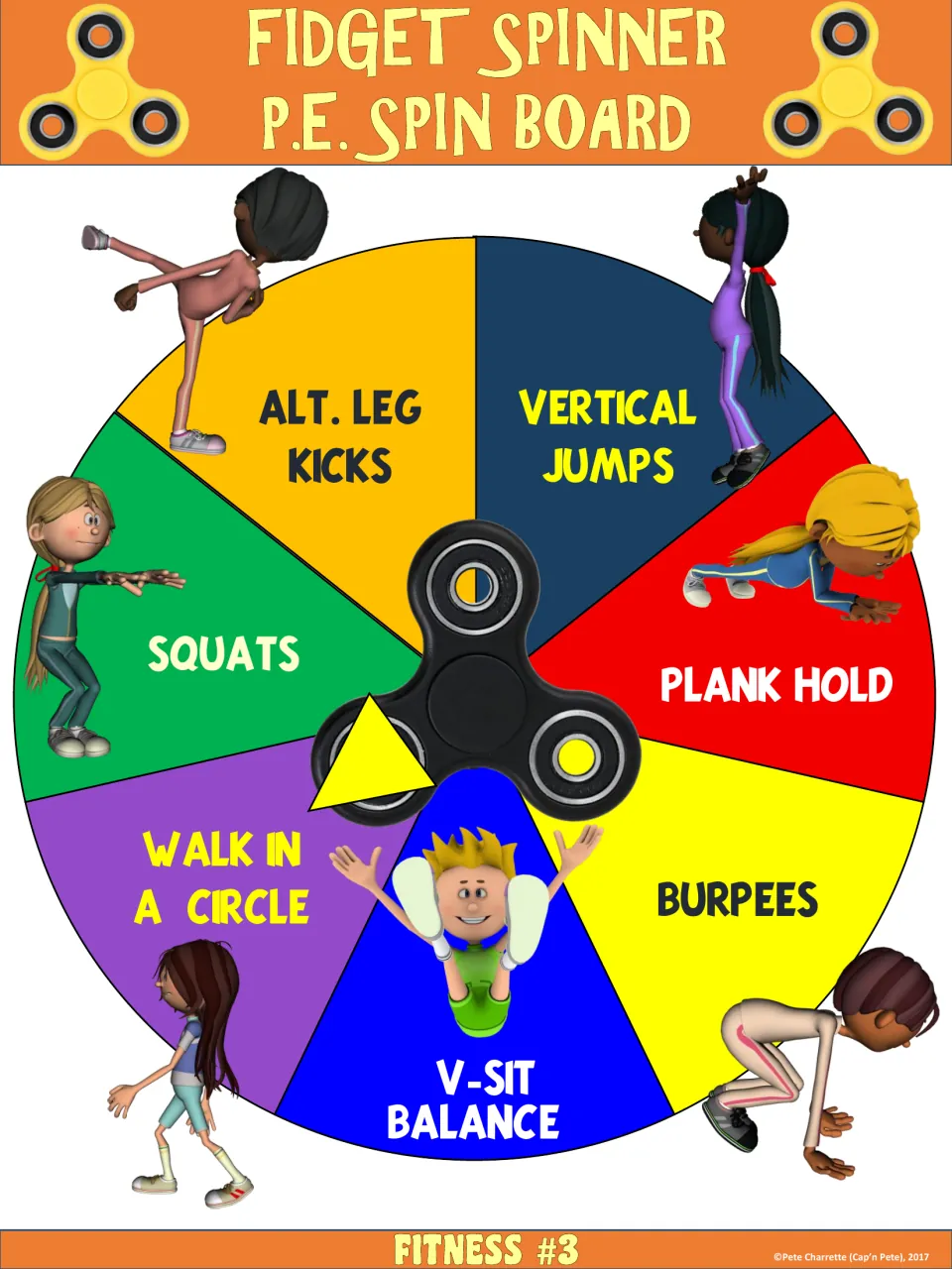 Fitness #3 wheel: students spin for alternate leg kicks, vertical jumps, plank hold, burpees, V-sit balance or squats
