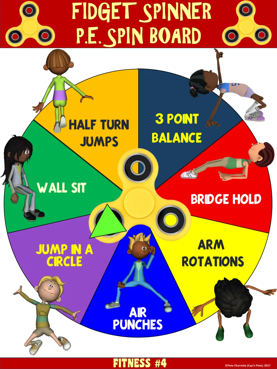 Fitness #4 wheel: half turn jumps, 3 point balance, bridge hold, arm rotations, air punches, wall sit and jump in a circle
