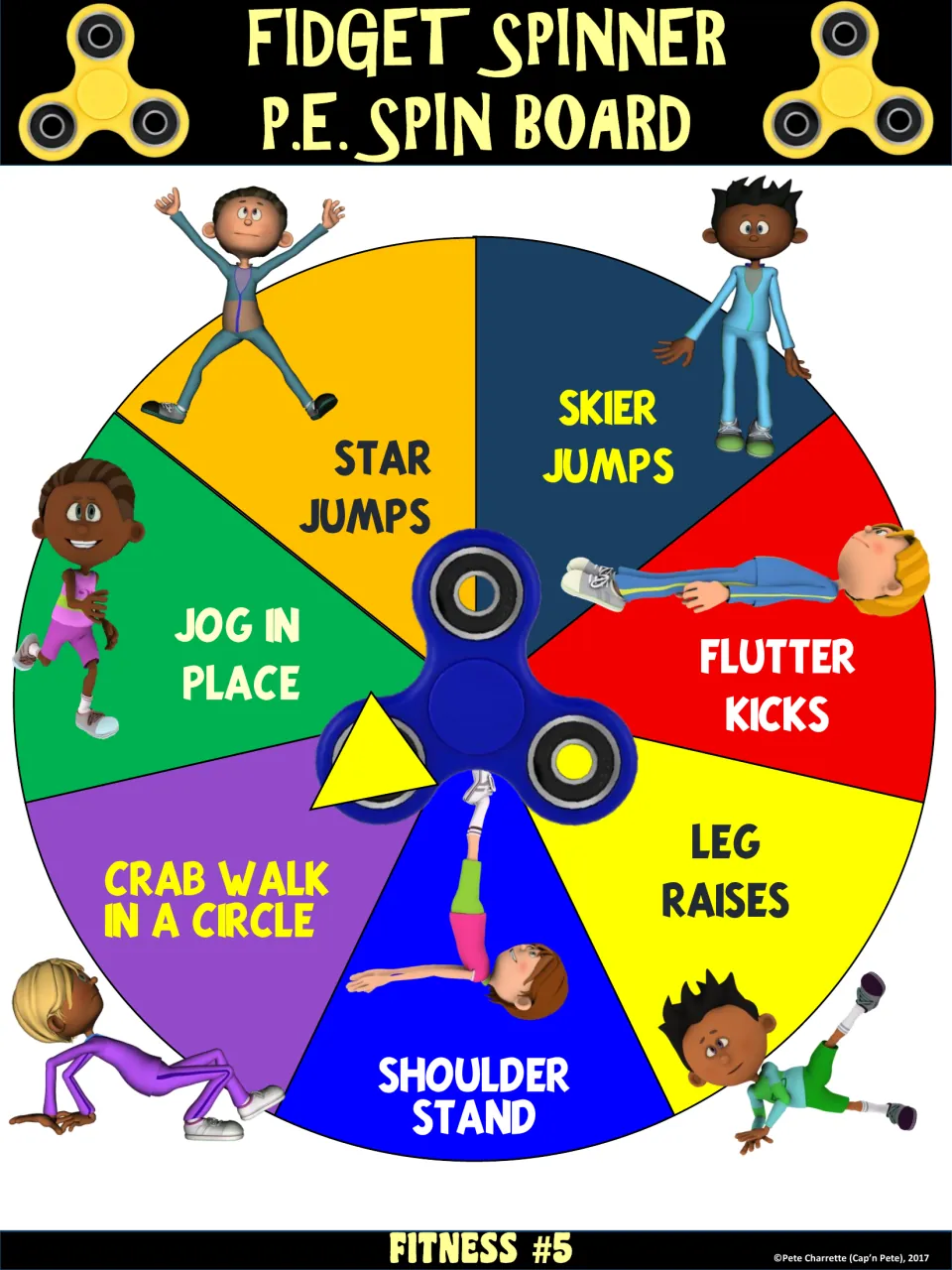 Fitness #5 wheel: star jumps, skier jumps, flutter kicks, leg raises, shoulder stand, crab walk and jog in place