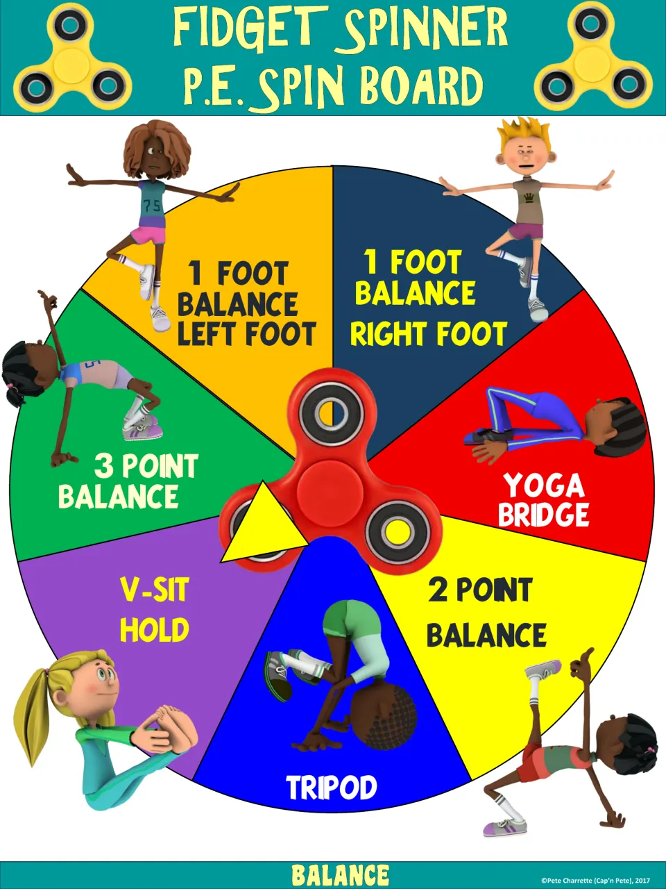 Balance wheel: students spin for one-foot balance on either foot, yoga bridge, 2 or 3 point balance, tripod or V-sit hold