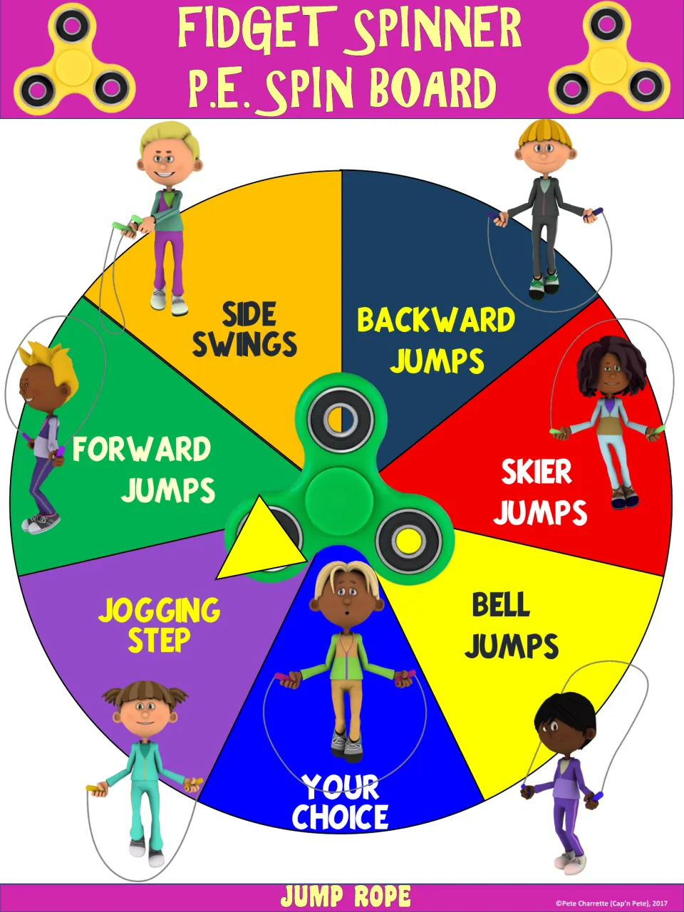 Jump rope wheel: students spin for side swings, backward, forward, skier or bell jumps, jogging step or your choice