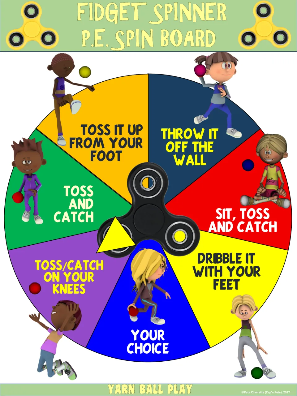 Yarn ball play wheel: toss it up from your foot, throw it off the wall, dribble with your feet, or toss and catch seated