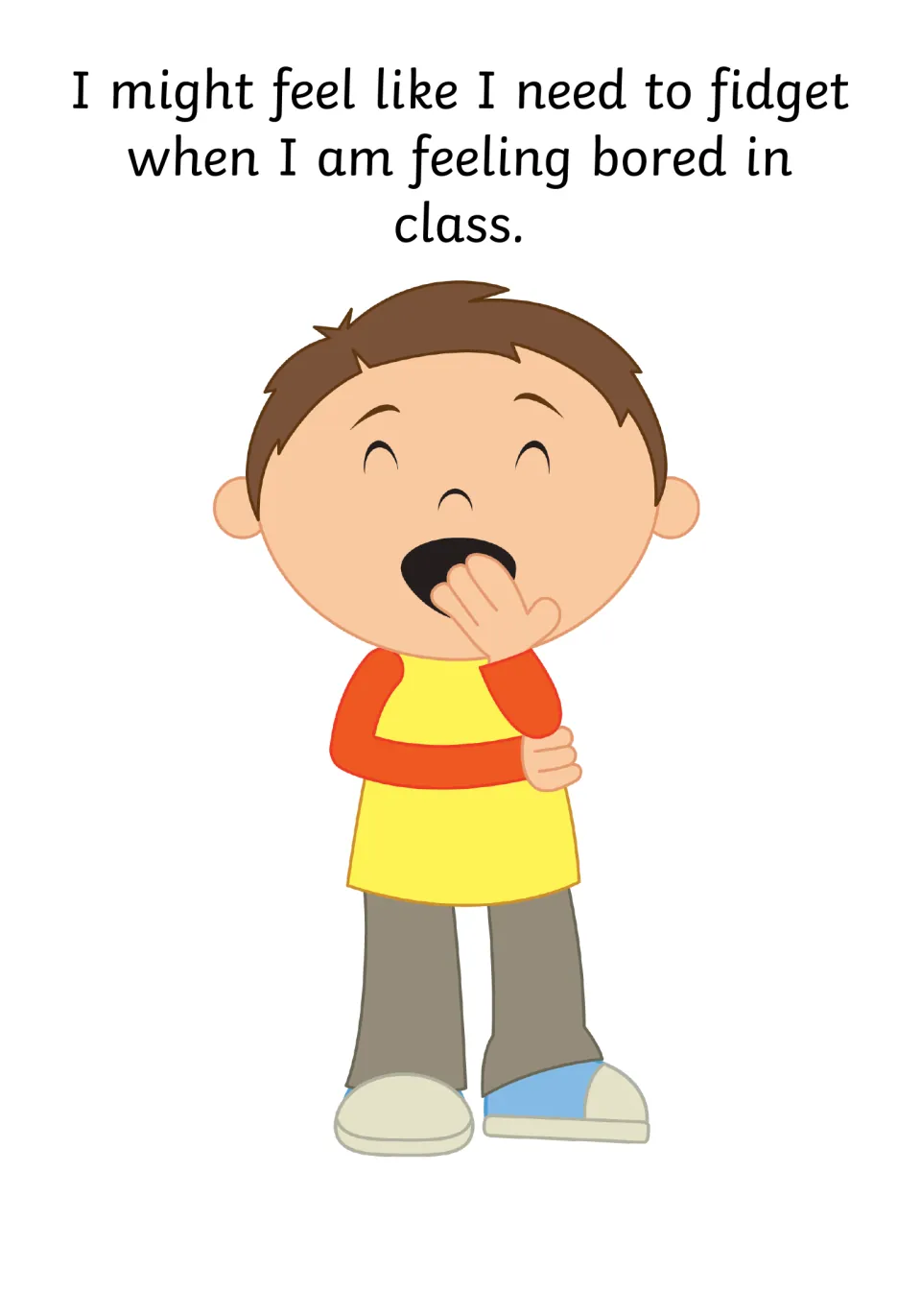 Social story page 5 explains feeling a need to fidget when bored in class, illustrated by a yawning child.