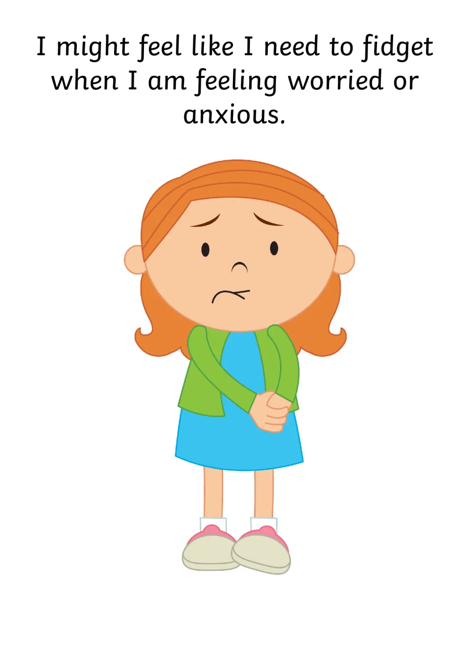 Social story page 6 explains feeling a need to fidget when worried or anxious, with a child clasping hands.