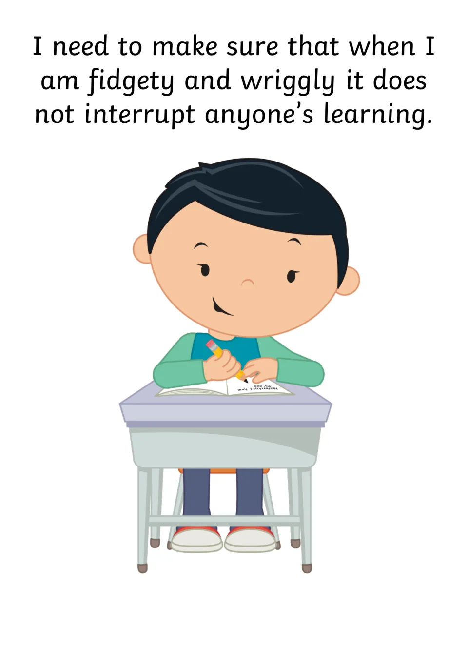 Social story page 9 says being fidgety and wiggly should not interrupt anyone's learning, with a child at a desk.