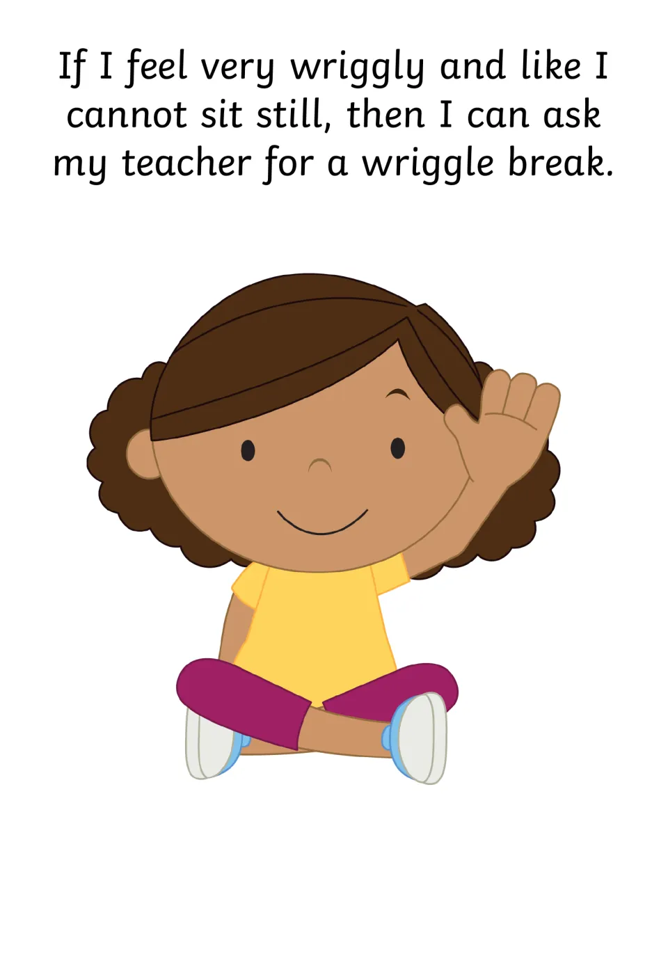 Social story page 10 explains asking the teacher for a movement break when feeling too wiggly to sit still.