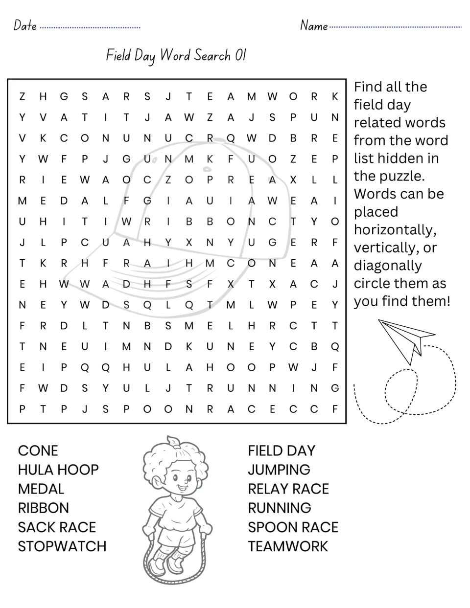Field Day Word Search 01: students find and circle 12 words such as cone, medal, sack race, stopwatch and teamwork