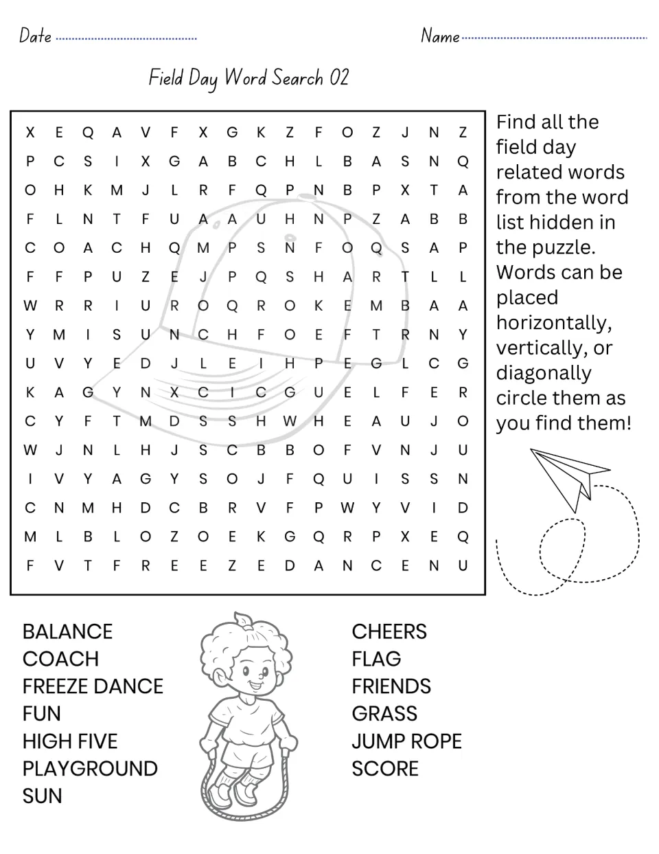 Field Day Word Search 02: students circle 13 hidden words, including balance, coach, freeze dance, high five and jump rope