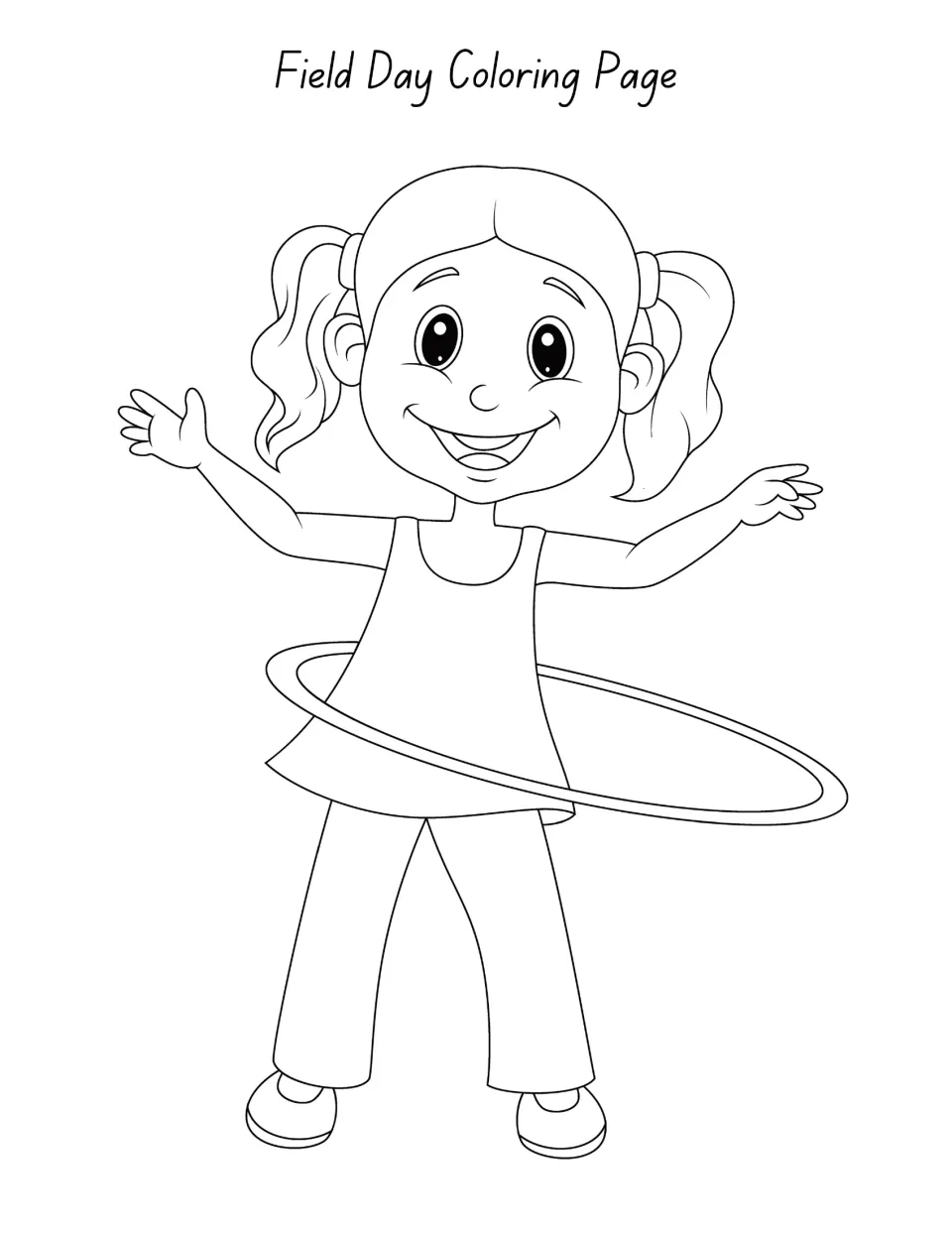 Field Day Coloring Page: students color a smiling girl spinning a hula hoop around her waist with her arms held out wide