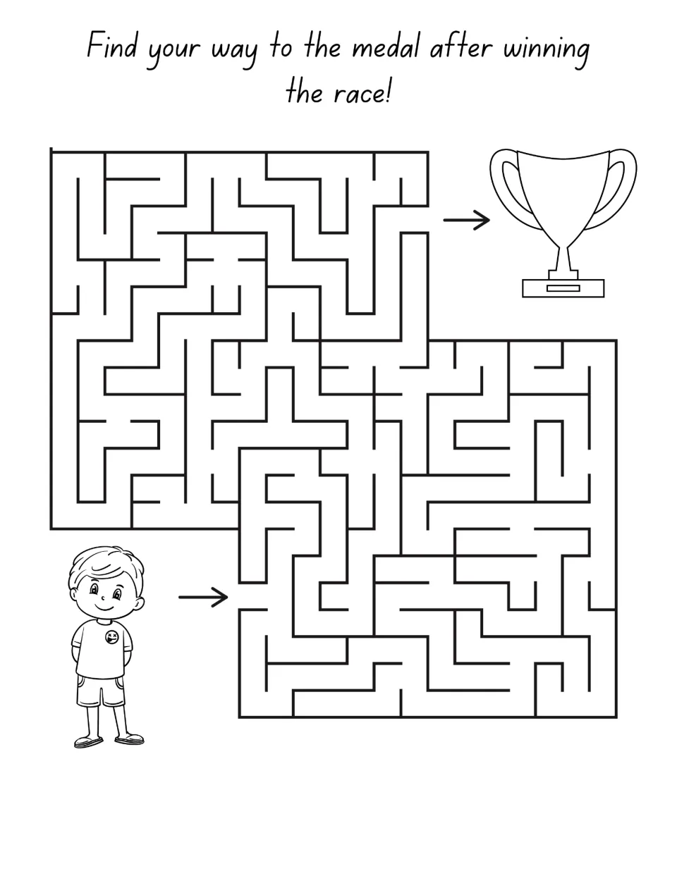 Race maze: students trace a path from a boy at the start arrow to a trophy cup, finding the medal after winning the race