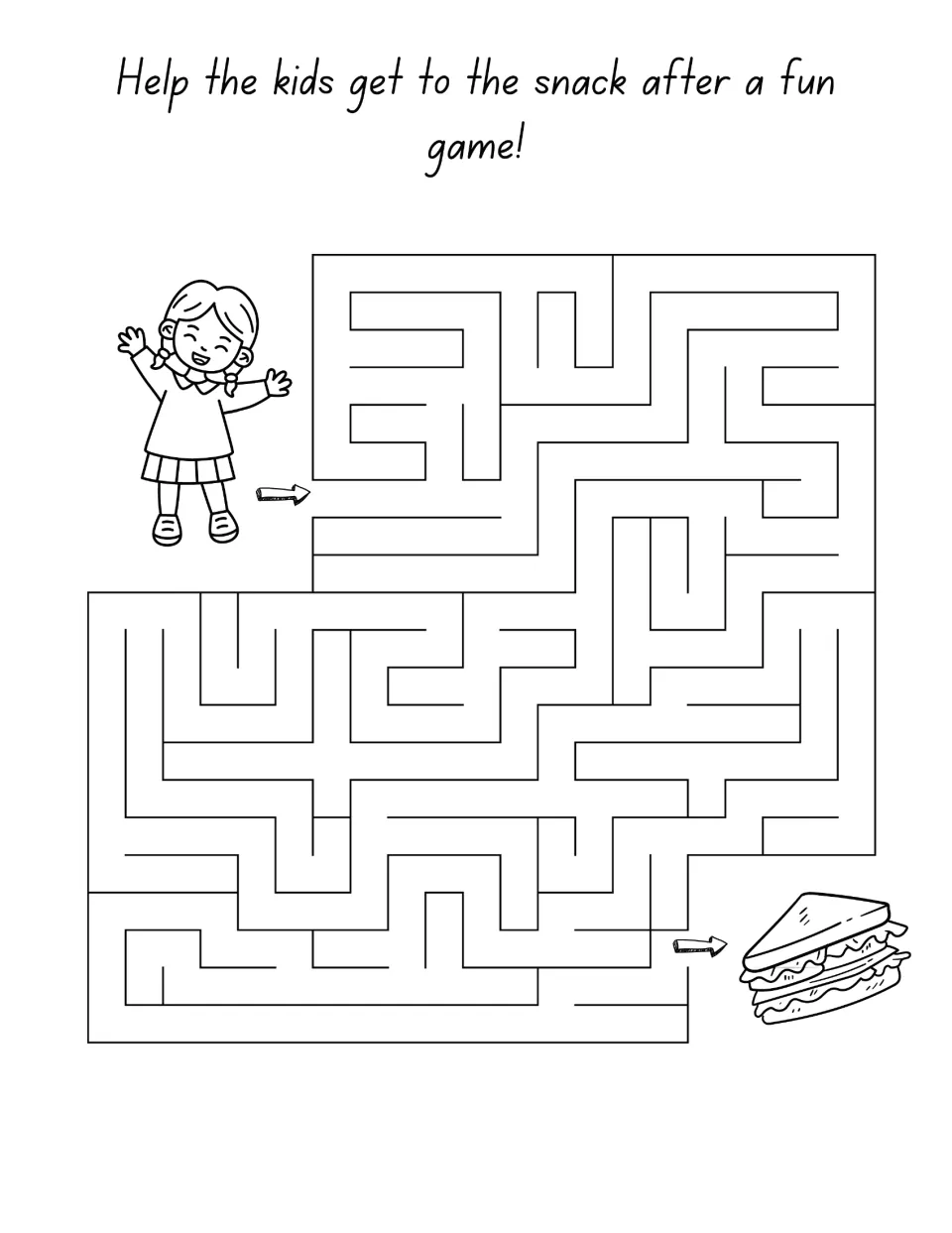 Snack maze: students help a waving girl find her way through the maze to a sandwich snack after a fun game