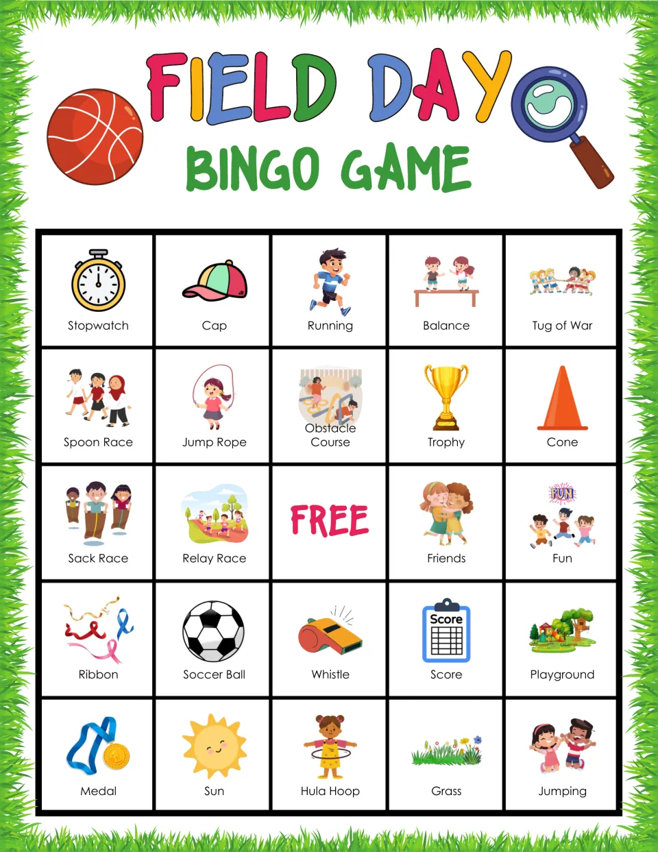 Field Day bingo card: students mark pictured words like Stopwatch, Cap, Running, Balance and Tug of War