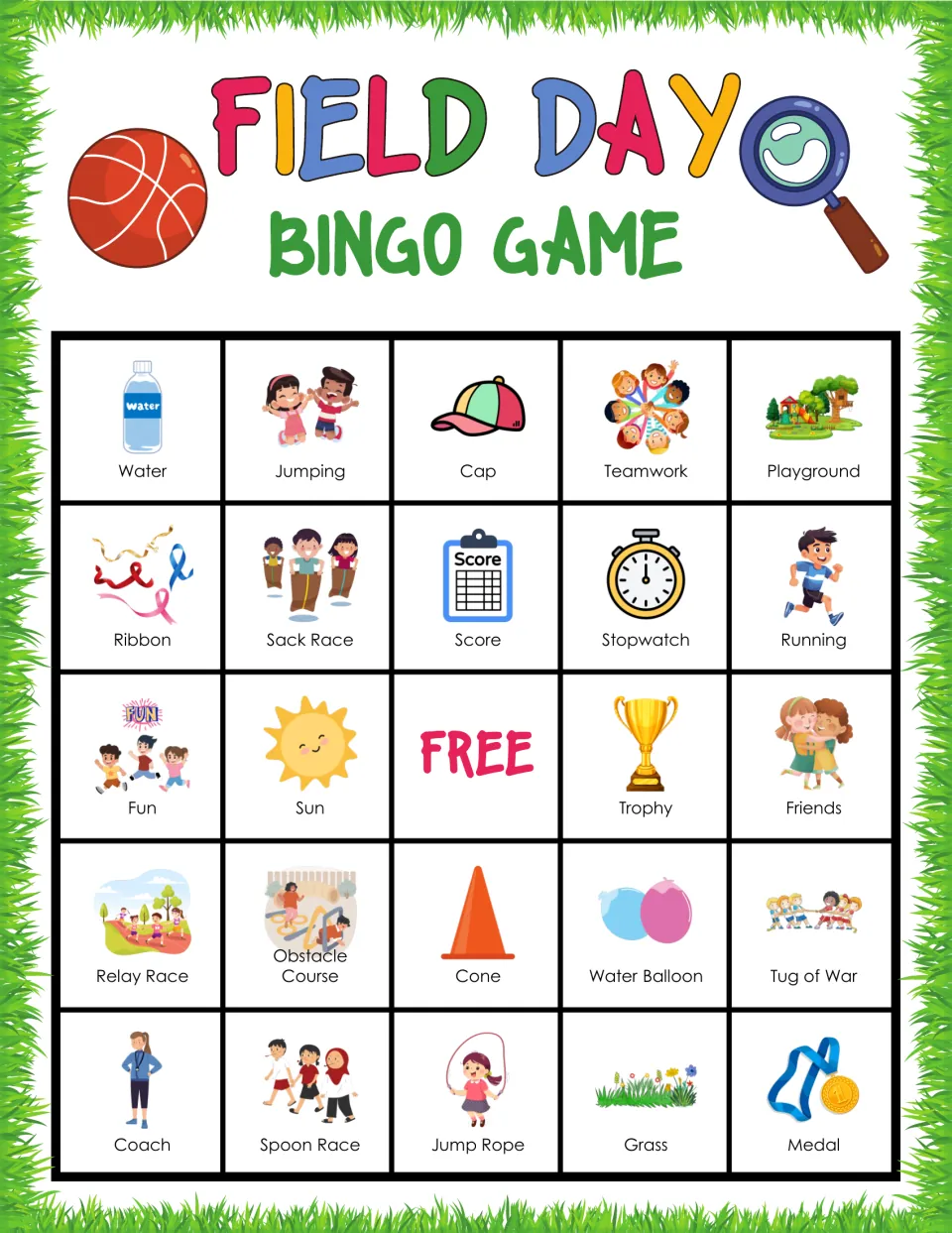 Field Day bingo card with a FREE center; players find Water, Jumping, Cap, Teamwork and Playground pictures