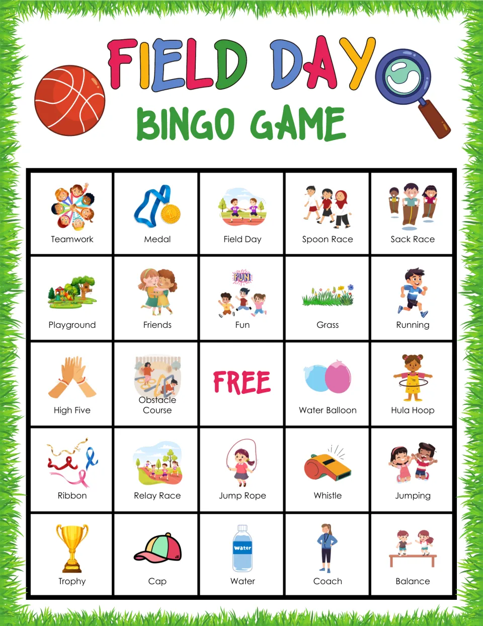 Field Day picture bingo: word-picture matching starting with Teamwork, Medal, Field Day, Spoon Race and Sack Race
